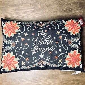 Feliz Noche Buena Poinsettia Christmas Pillow Embroidered Black Accent BNWT